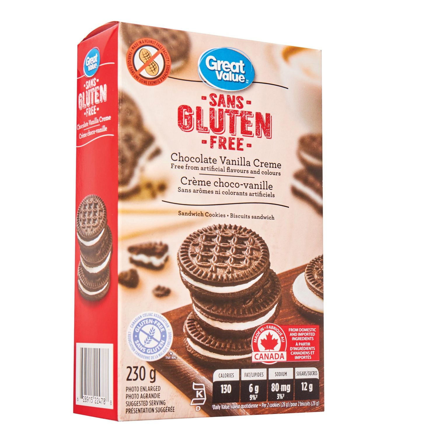 Great Value Gluten Free Chocolate Vanilla Crème Sandwich Cookies, 230 g