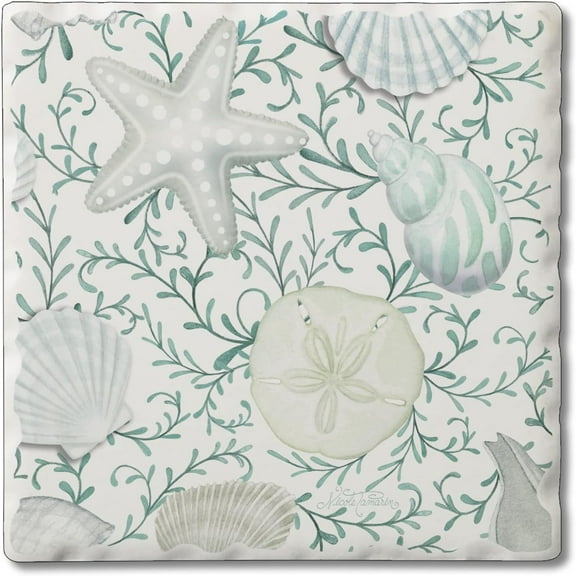 Absorbent Stone Tumbled Tile Coasters, Beach Therapy Shells, Set of 4