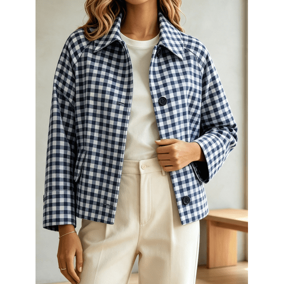 Caywon Women's Cropped Plaid Button-Up Jacket with Drop Shoulder and Side Pockets, Loose Cut Casual Outwear for Spring and Fall Vacation Travel