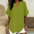 thumbnail image 2 of Olyvenn Women Summer Cotton Linen Tops 2025 Trendy Rolled Short Sleeve T Shirt Dressy Casual Loose V Neck Tunic Tee Blouses Green XXL, 2 of 9