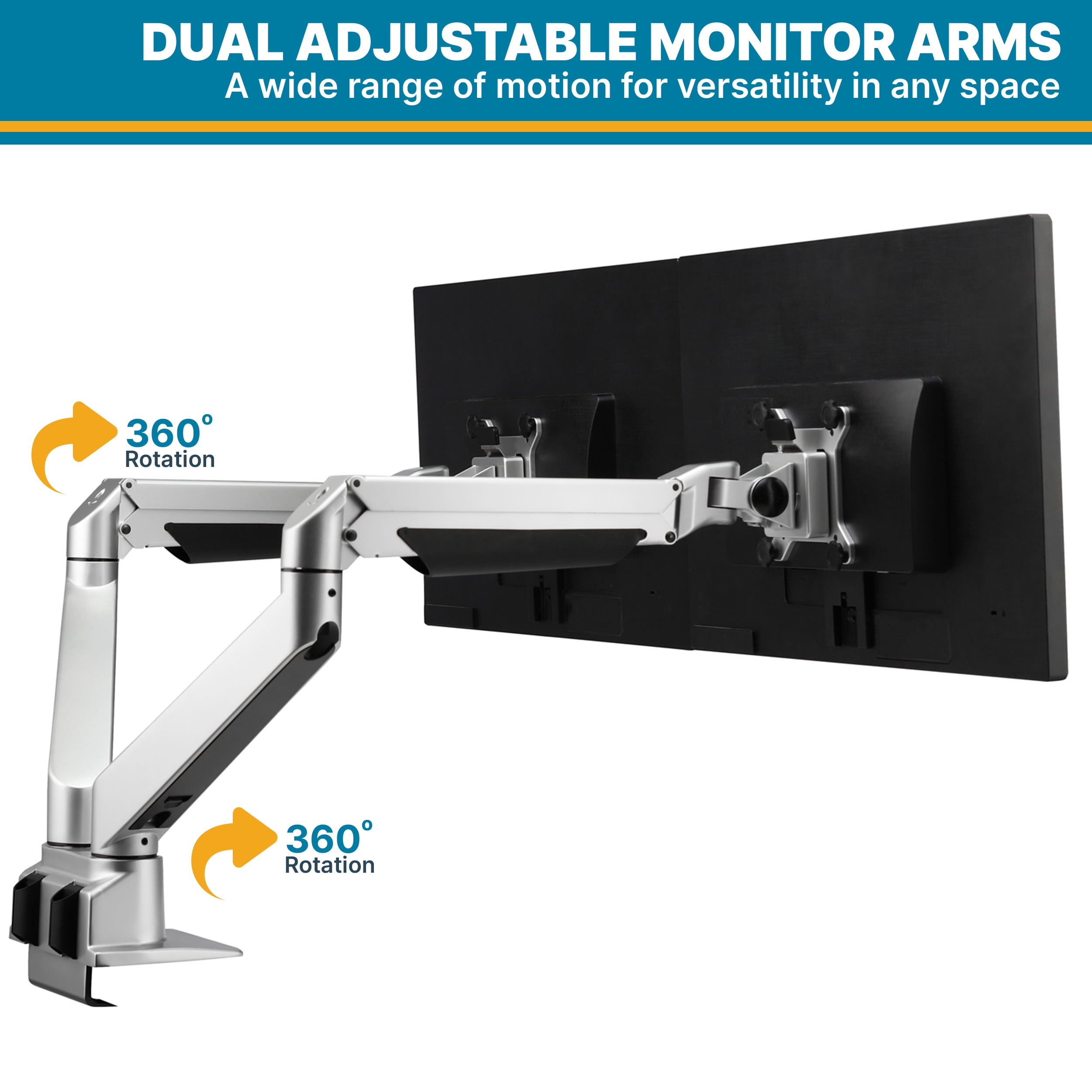 Restore Furniture Premium Height Adjustable Dual Monitor Arm Stand: Desk/Grommet Mount, Gas Spring Lift, VESA 75x75 or 100x100mm, 2 Flat/Curved Ultrawide Screens up to 34in & 44lb ea., Silver