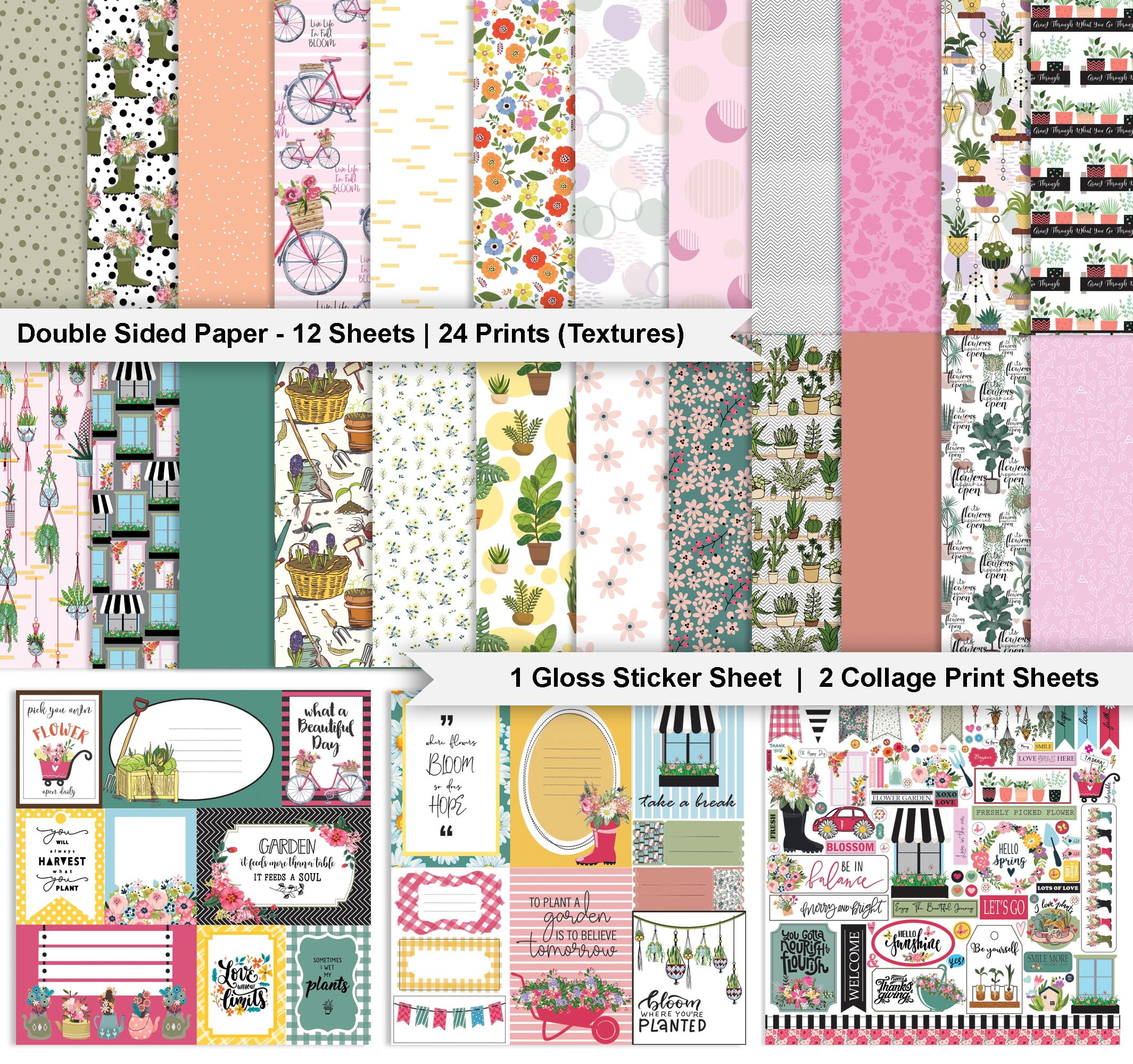 Inkdotpot Floral House Plants Theme Collection Double-Sided Scrapbook Paper Kit Cardstock 12"x12" Card Making Paper Pack With Sticker Sheet - 16 Pages - Pastel Pink