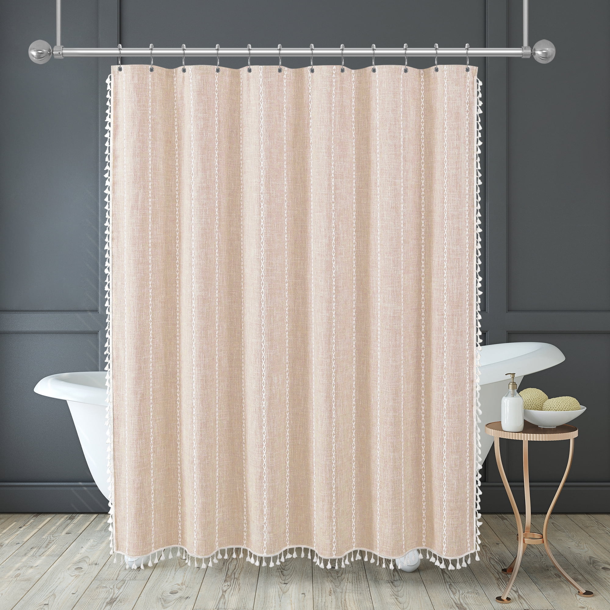 Americanflat 71x71 Woven Linen Pink Shower Curtain with Tassel Accents - Includes 12 Grommets and Hooks - 100% Polyester