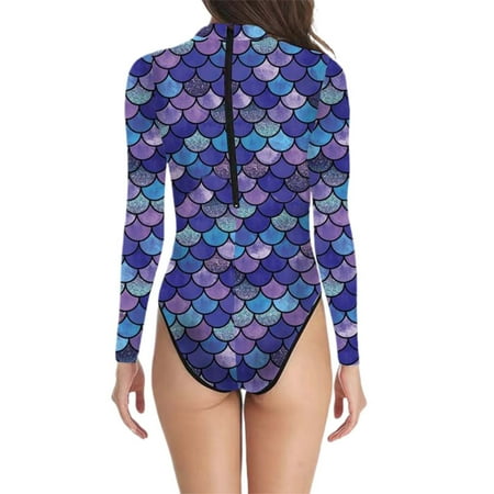 Womens Mermaid One-Piece Swimsuit Fish Scales Print Long Sleeve Swimsuit  Zipper Surfing Rash Guard Swimwear Bathing Suit for Women Beach Vacation Swimwear UPF 50+
