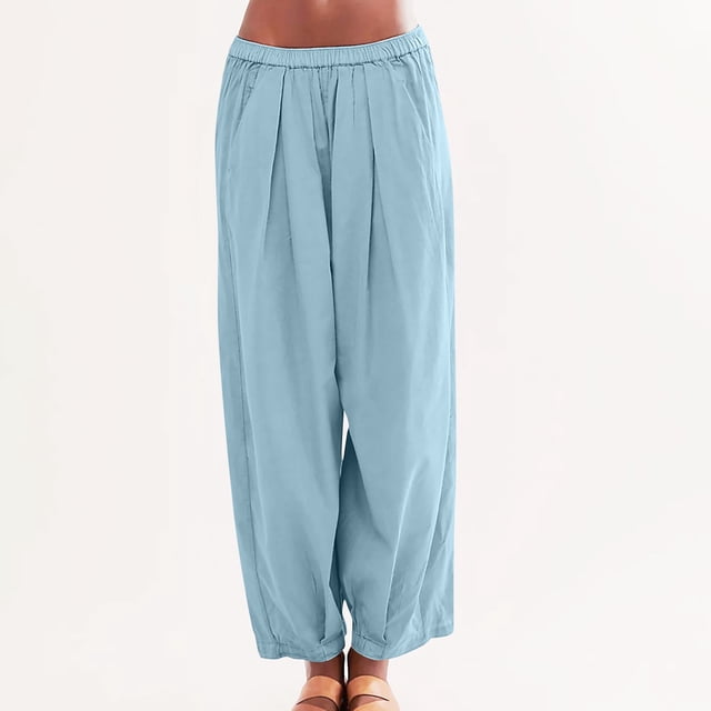 RXIRUCGD Women's Solid Cotton And Linen Drawstring Loose Casual Wide Leg Pants, Sky Blue, Size: L