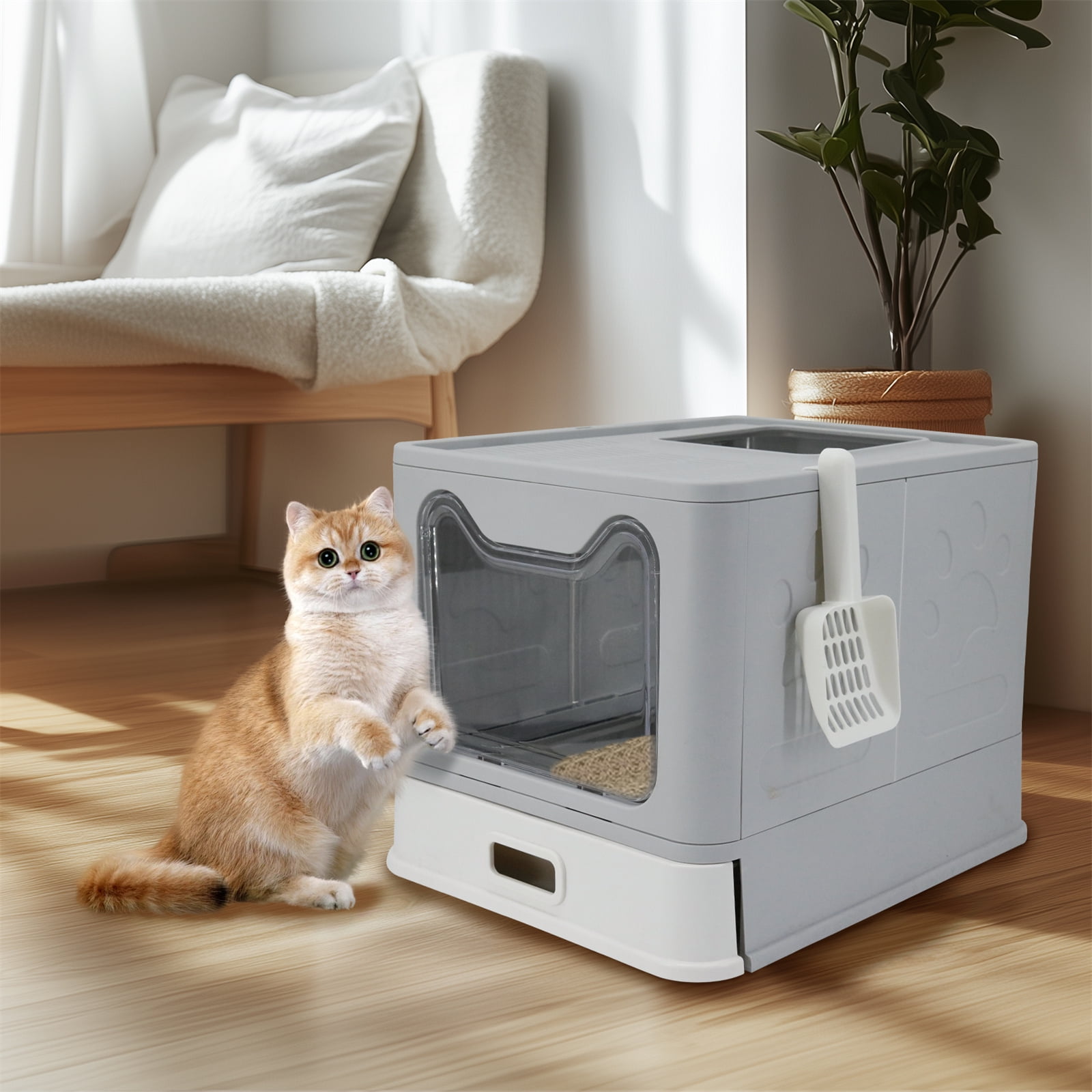 BingoPaw Stainless Steel Tray Cat Litter Box Front Entry Top Exit Kitty Toilet Box with Litter Scoop