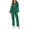 thumbnail image 1 of Conjunto de pijama para mujer: ropa de dormir de satén, camisa de manga larga con cuello en V y pantalones, color liso, corte holgado para todas las estaciones., 1 of 3