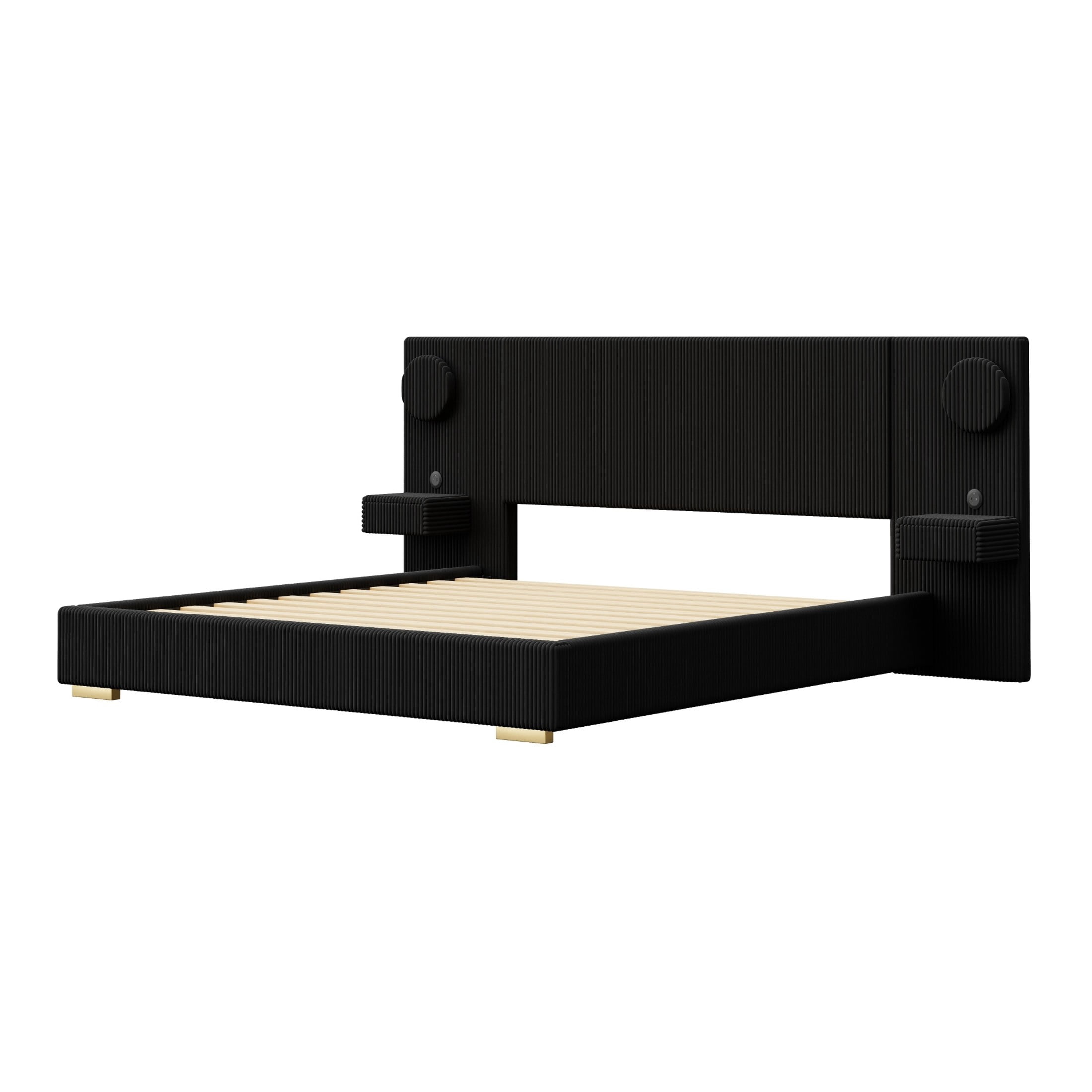 Noble House Dellas King Size Upholstered Platform Bed with LED Lights, Charging Ports & Side Storage Drawers, Black