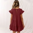 thumbnail image 4 of Cotton Linen Sundresses for Women Ruffle Short Sleeve Layered Hem Mini Dress Casual Solid Color Crewneck Keyhole Back Dresses, 4 of 7