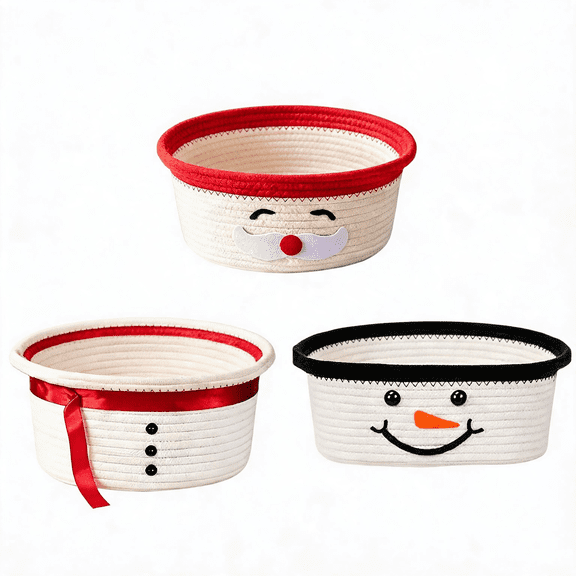 PSVFUJZ Christmas Storage Basket Organizers, Empty Gift Basket, White Handmade Basket with Black Buttons Woven Decorative Storage Bin for Christmas Snacks Toys Home Decor 12x5 Inch