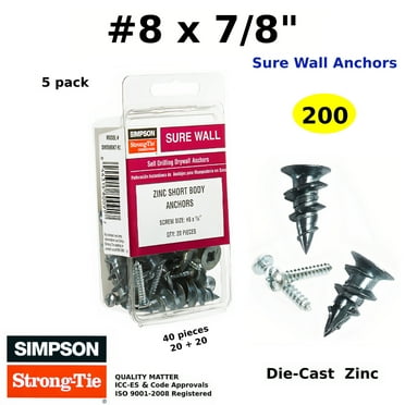 Drywall Anchors Zinc Heavy Duty Self Drilling Hollow Wall Anchor Screws kit #8 x 7/8 (200)