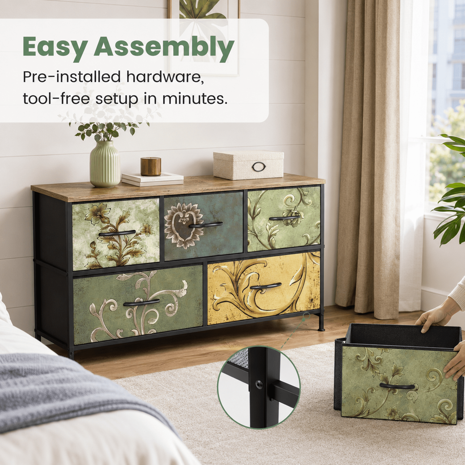 Alvantor 4/5/7/8/9-Drawer Dresser, Fabric Storage Tower for Bedroom, Hallway, Entryway, Closet, Tall Chest Organizer Unit with Fabric Bins, Steel Frame, Wood Top, Easy Pull Handle, Floral Painted