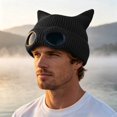 thumbnail image 3 of Ticikt Unisex Fleece‑Lined Knit Beanie Hat, Winter Warm Cat‑Ear Knitted Cap with Decorative Goggles Windproof Outdoor Skull Hat for Men Women,Black, 3 of 4