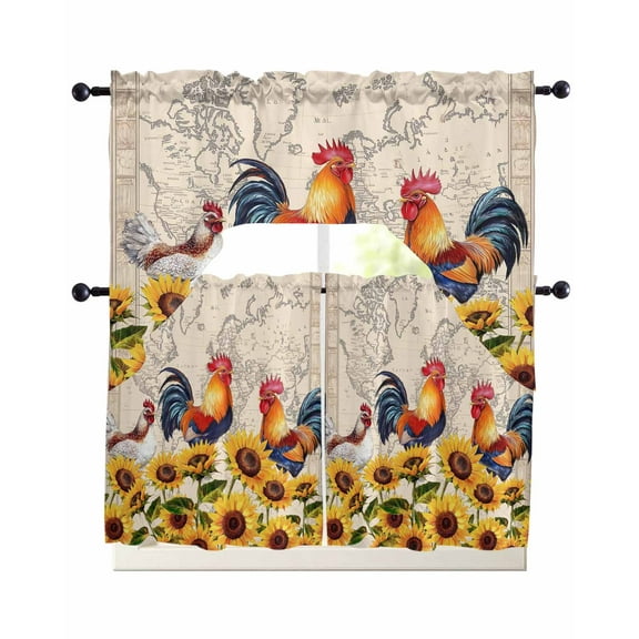 Chicken Sunflowers Kitchen Curtains Swag Valance and Tier Curtains Set 24 Inch Length, Farmhouse Vintage Map Floral Animals Rod Pocket Drape Panels Pair Swag Curtain for Bathroom/Cafe/Window