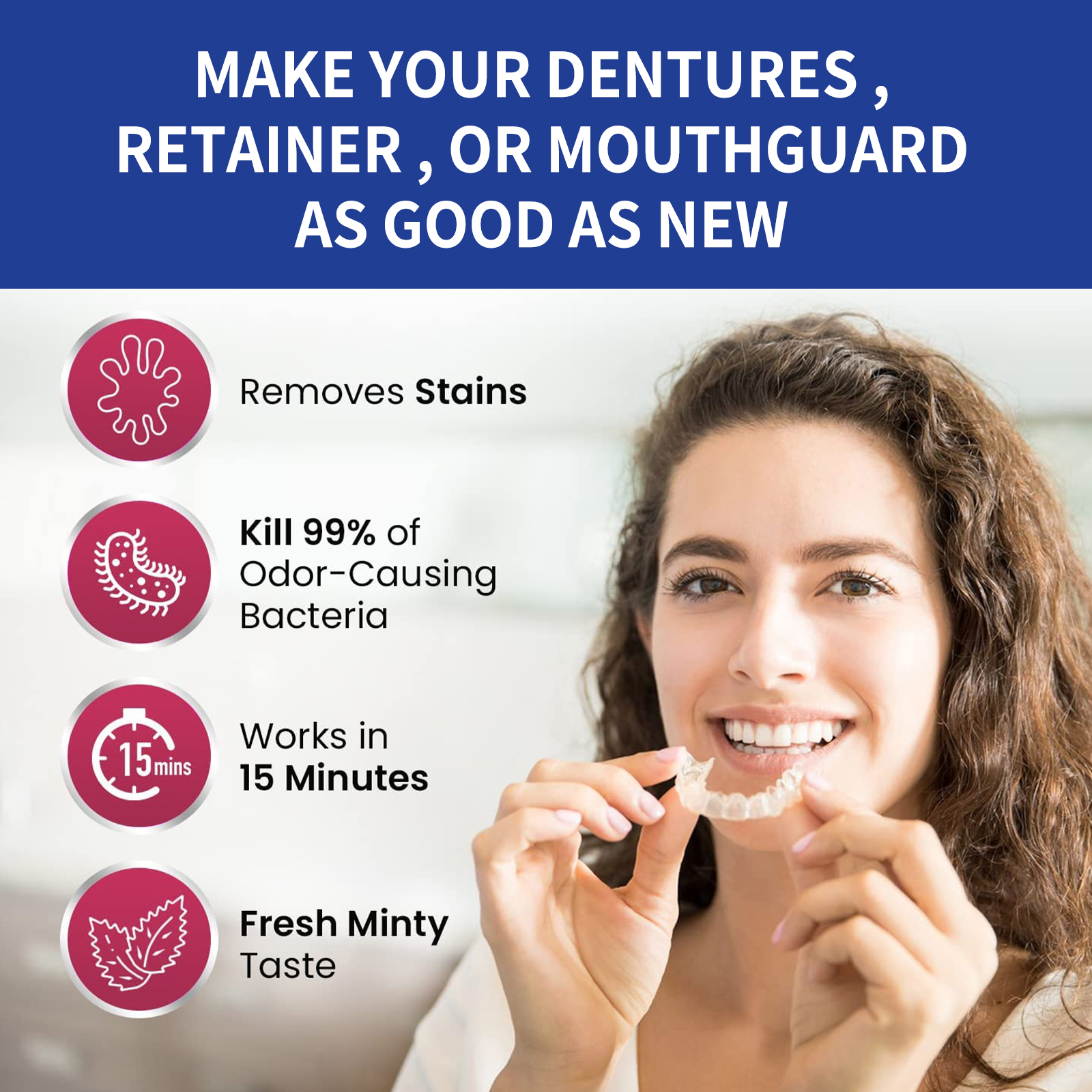 Alvantor Denture Cleaning Tablets for Retainers Aligners Night Guards Removes Odor Plaque Stains Mint Fresh, 100tables