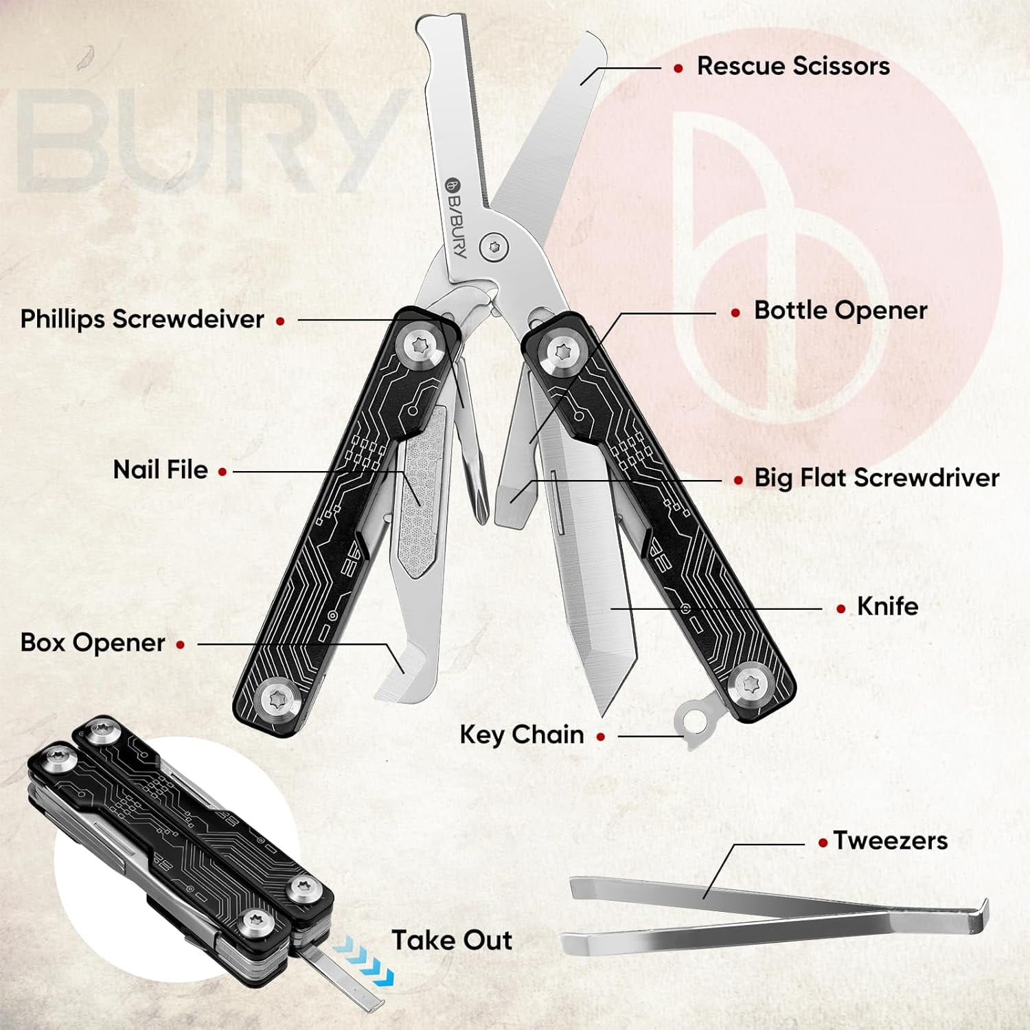 LABAKUI-Mini Keychain Multitool Scissors B12062B 9 in 1 Multitool EDC Scissors with Screwdriver Bottle Opener Pocket Knife Spring -Mini Multi Tool for Outdoor Daily Use Gifts for Men and Women