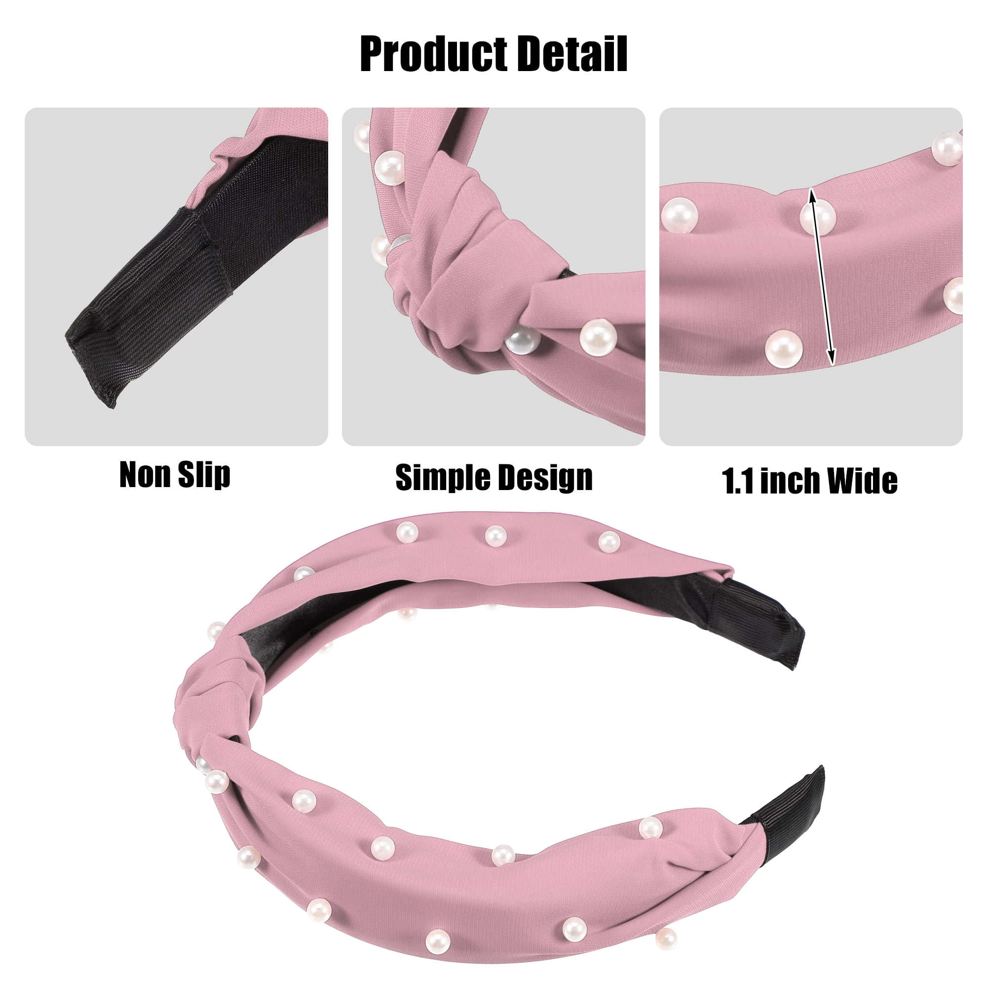 Unique Bargains 1 Pcs Satin Knotted Pearl Headband Hairband for Women 1.1 Inch pink