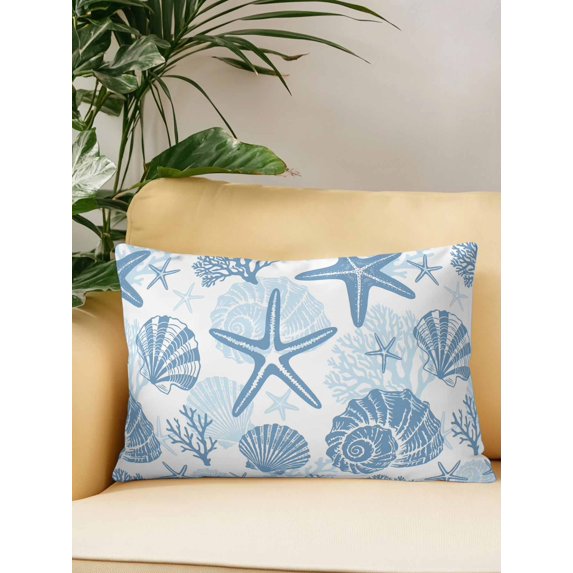 Outdoor Pillows Waterproof, Misty Blue Coastal Summer Bedding Throw Pillows with Insert for Couch Sofa Bed, Coral Shell Starfish Nautical 12x20 Inch Pillowcases Decorative Patio Pillow Set of 1