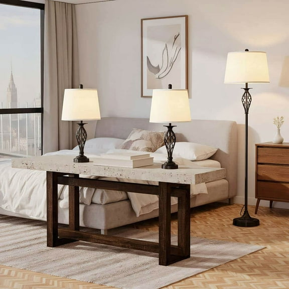 Spaco 3 Pieces Table Floor Lamp Set, Floor Lamp with Metal Pole, Floor Lamp with Round Base and Fabric Lampshade for Indoor as Living Room, Bedroom, White