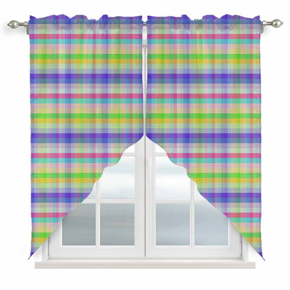 Swag Valance Curtains for Windows, Slate Blue Plaid Light Filtering Kitchen Curtains with Rod Pocket, Colorful Vintage Check Farmhouse Window Treatment Valances for Living Room, 36x63 - 2 PCS