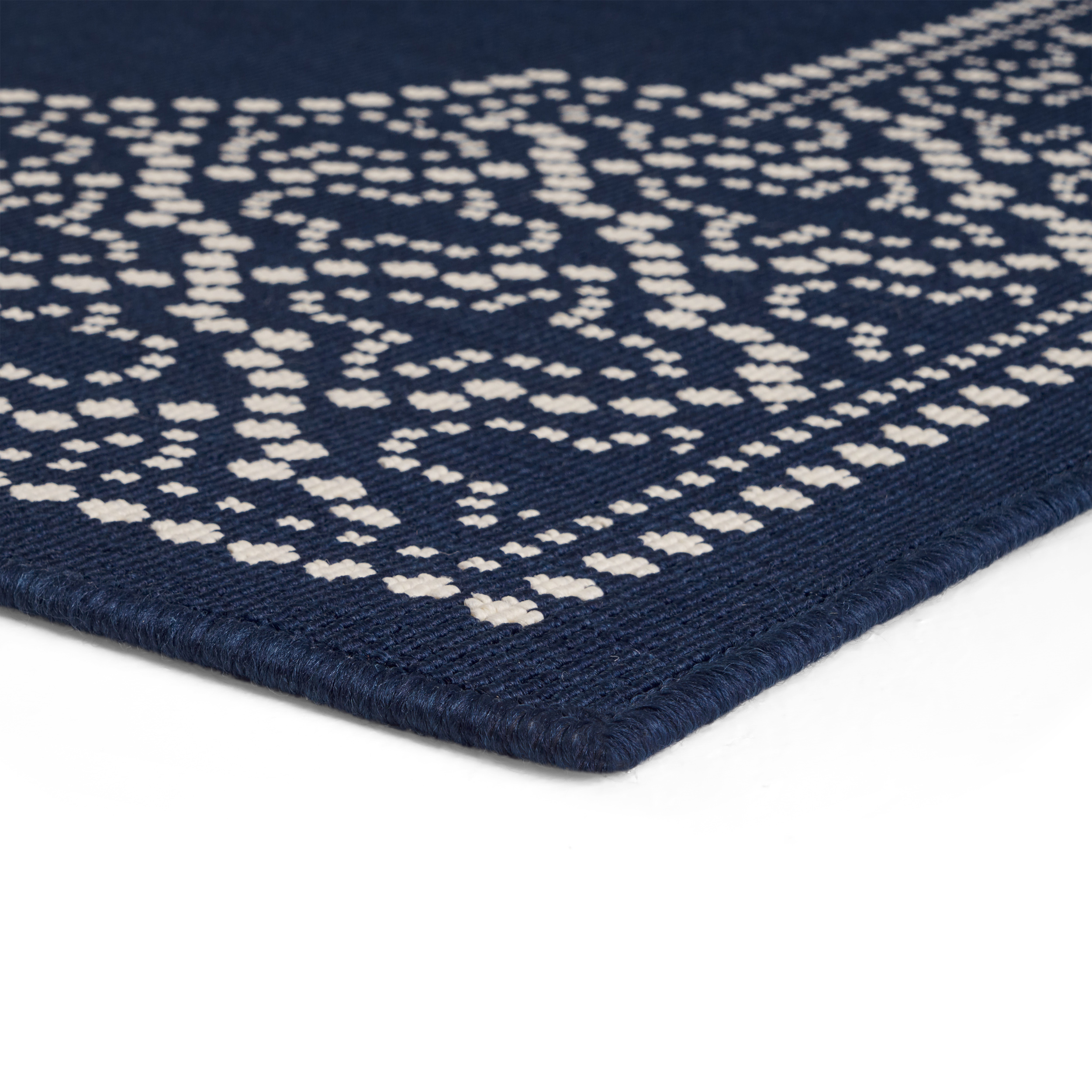 Dominga Outdoor 5'3" x 7' Border Area Rug, Navy and Ivory