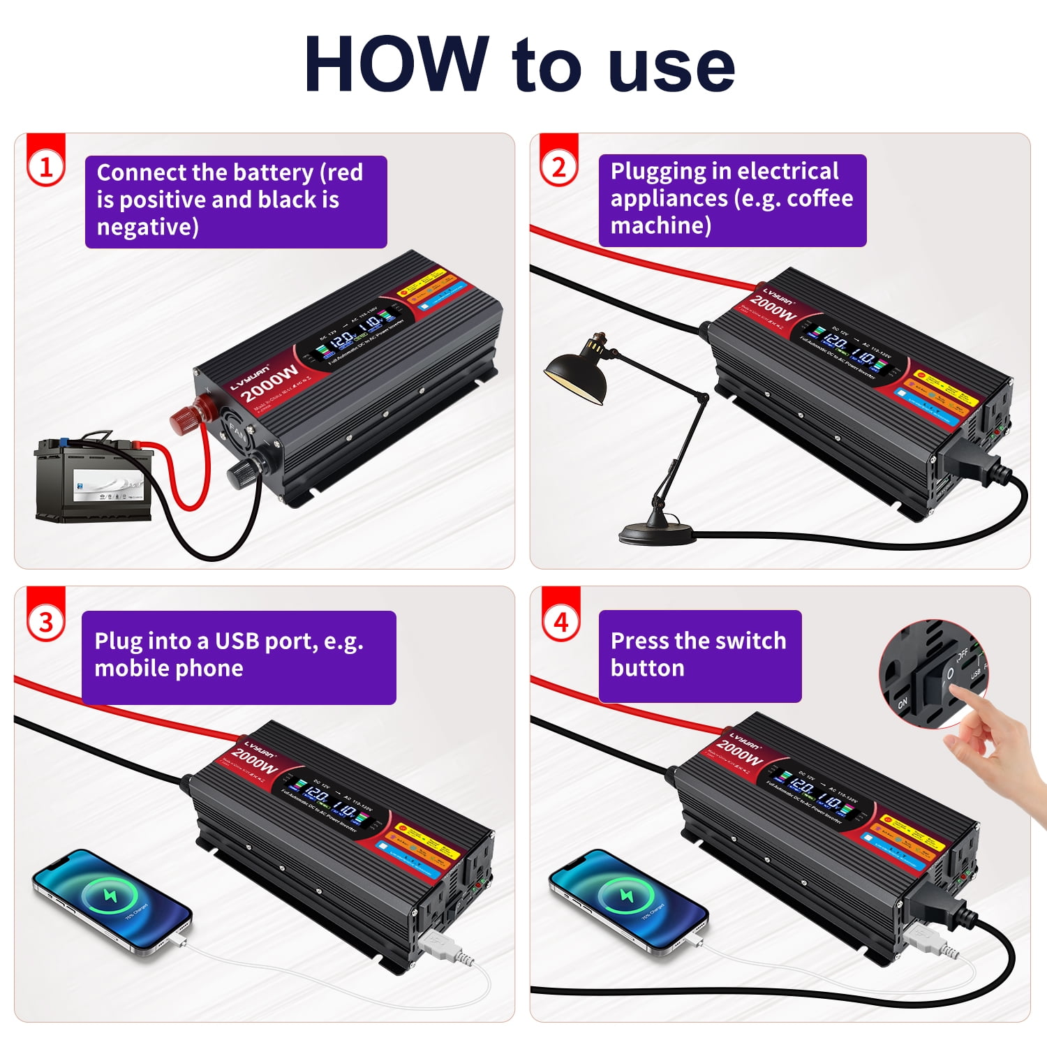 LVYUAN 1000W 2000W Modified Sine Wave Peak Power Inverter, 12V DC to 110V AC Car Inverter with Dual USB & AC Outlets, LCD Display, Black for RV, Truck, Camping, Travel (Inversor de Energía para Auto)