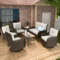 INTER HUT 7 Pcs Outdoor Wicker Rattan Conversation Patio Furniture Set, including 2 Swivel Rocking Chairs,2 Dining Chairs,1 Loveseat,1 Coffe Table and Side Table with Cushion, Blue