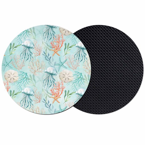 Teal Red Coastal Jellyfish Coasters Set of 2, Absorbent Coasters for Drinks, Summer Nautical Beach Coral Starfish Coaster for Desk Coffee Table Protection, Home Decor House Warming Gifts 4"