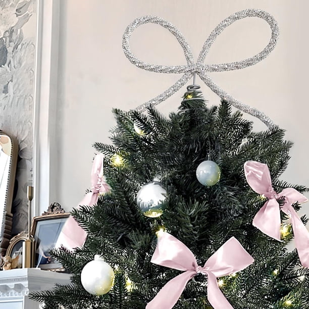 Adorno para La Punta Del Árbol de Navidad con Lazo Grande de Metal, Diamantes de Imitación, Plateado Brillante y Dorado, Base de Resorte de Hierro Resistente de 25 Cm | Adorno para La Punta Del Árbol