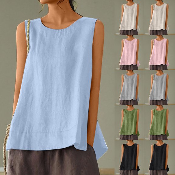 Wlynlyn Womens Tank Tops Casual Sleeveless Shirts Round Neck Basic Summer Tops Casual Loose Blouses