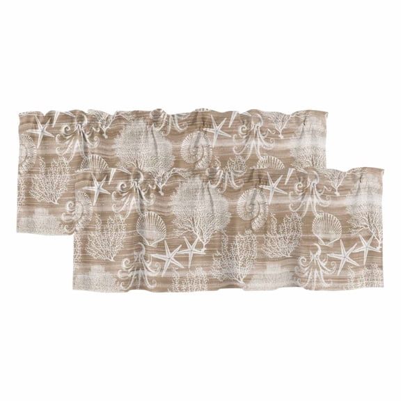 Brown Coastal Valances for Windows, Nautical Coral Starfish Shell Octopus Sea Light Filtering Kitchen Curtains, Rod Pocket Window Valance Curtains for Living Room Bedroom, 54" W x 18" L, 2 Panels