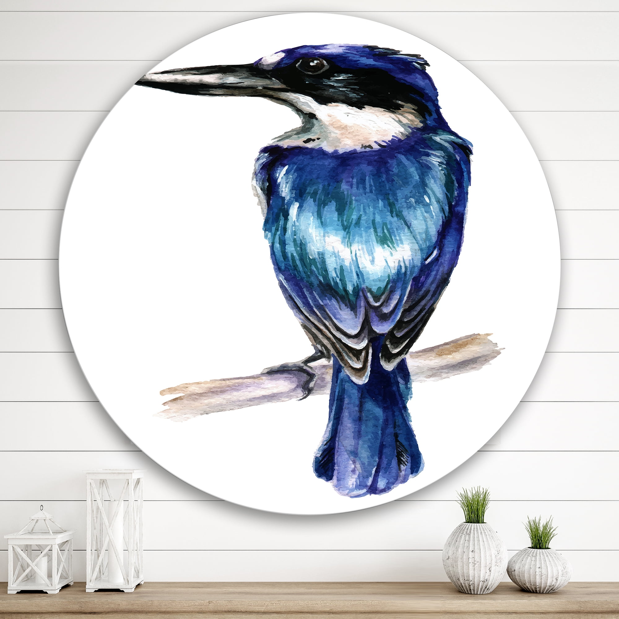Designart 'Style Blue Kingfisher Bird' Traditional Circle Metal Wall Art 36x36 - Disc of 36