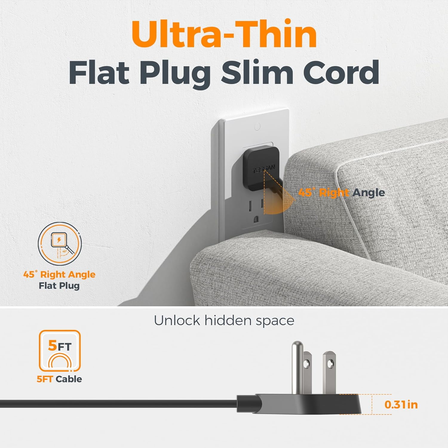 Black Extension Cord 5 Ft, Flat Surge Protector Power Strip with 4 Wide Spaced AC Outlets 3 USB Ports (1 USB C), Ultra Thin Flat Plug with 900J Surge Protection, Office Dorm Room Essentials