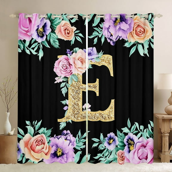 Erosebridal Monogrammed E Curtains and Drapes (38x45), Initial Letter 30%-50% Blackout Curtains for Bedroom, Romantic Rose Curtains for Living Room, Bedroom Curtains Room Decor