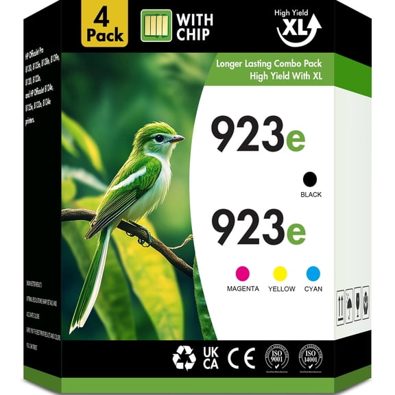 923 923e Ink Cartridge WITH Chip Compatible for HP 923 923e 923XL OfficeJet Pro 8130 8135e 8138e 8139e 8120 8122e OfficeJet 8124e 8125e 8132e 8134e Printer Black Cyan Magenta Yellow (4-Pack)