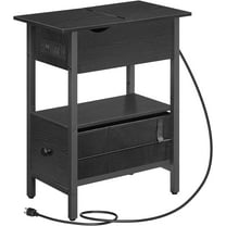 End Table with Charging Station, Flip Top Narrow Side Table with Storage Drawer, Slim Nightstand Bedside Tables with Shelves, for Small Space, Living Room, Bedroom, Black