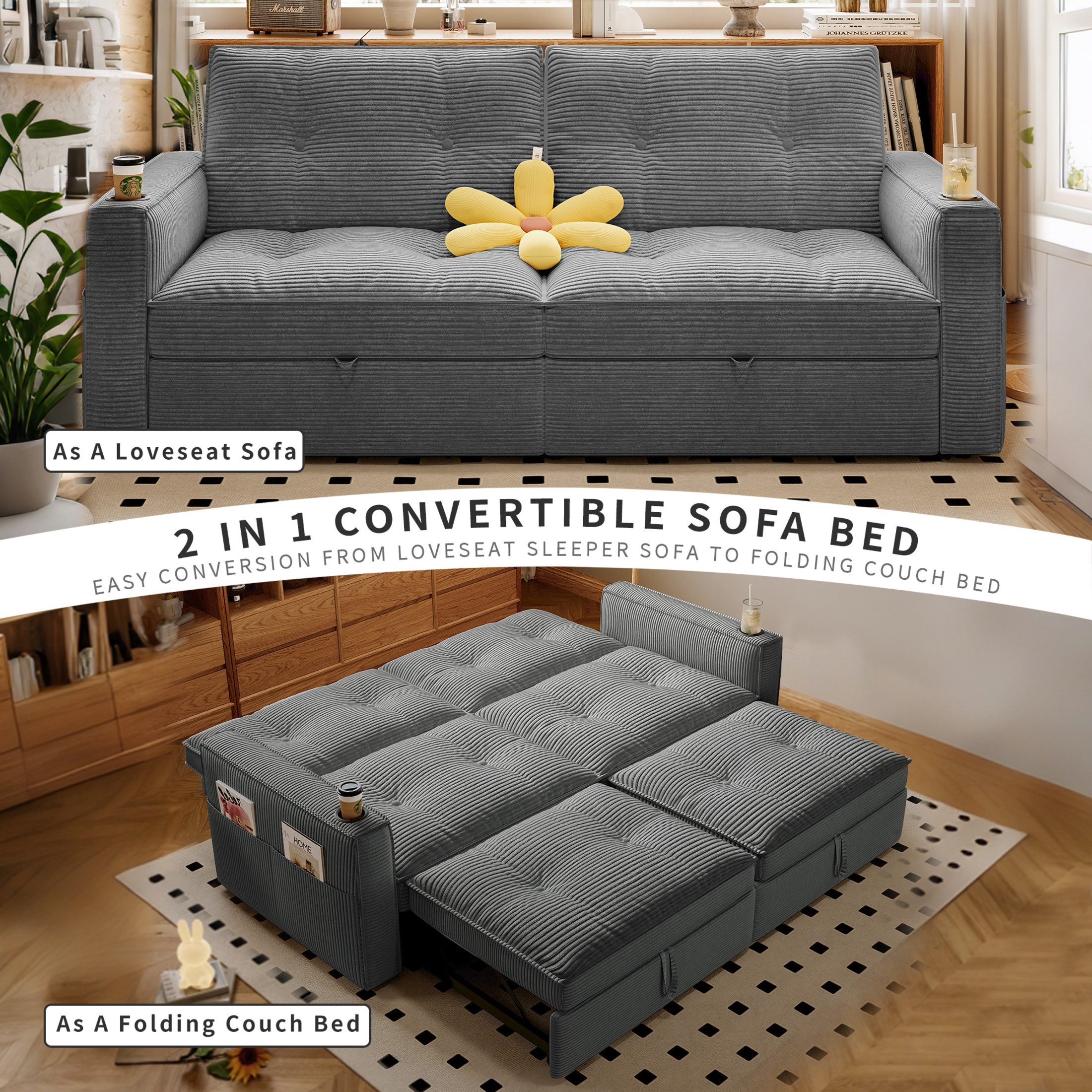 Noble House 2-in-1 Convertible Pull Out Sofa Bed with Adjustable Backrest, 73" Modern Corduroy Sleeper Couch, Gray