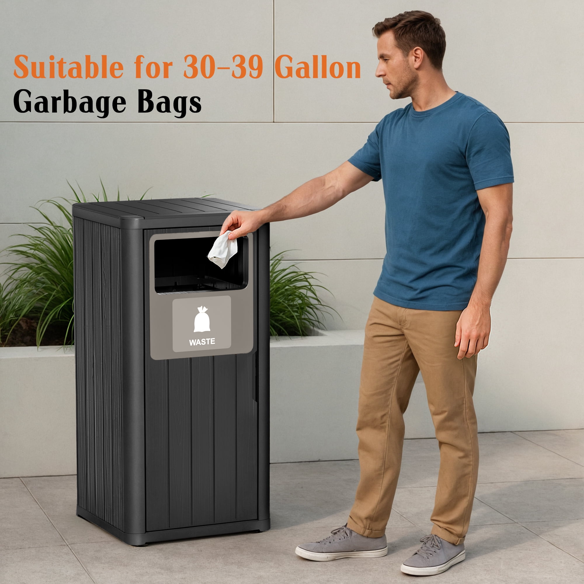Outdoor Single Barrel Trash Can,Waterproof Resin Garbage Can with Garbage Labels,Durable Waste Bin for Porch, Backyard,Kitchen,for 30 to 39 Gallon Trash Bags（Black，1)