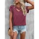 thumbnail image 2 of Top de manga de pétalo para mujer, camiseta básica informal con cuello en V, Color liso, elegante, holgada, de verano, rojo, morado, XL, 2 of 7