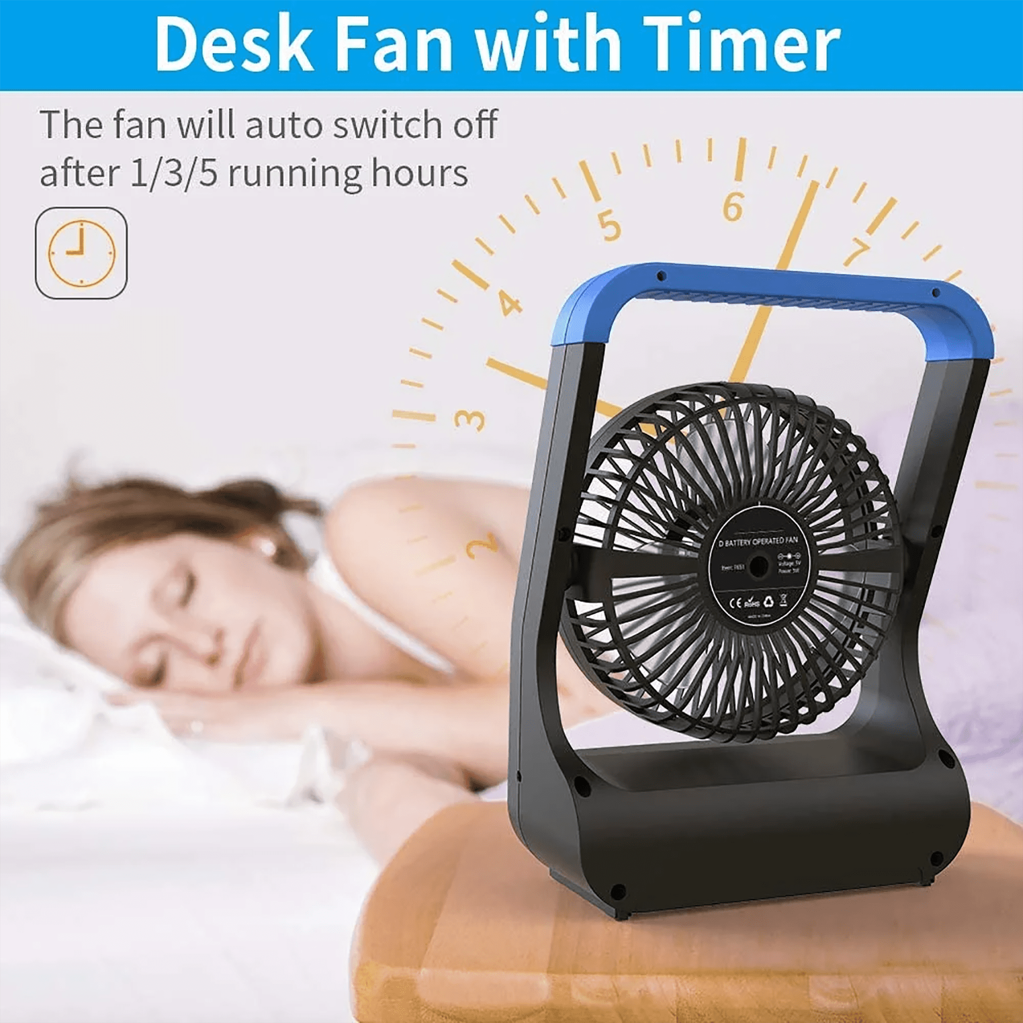 (2 pack) Gazeled Battery Operated Fan,Camping Fan, Super Long Lasting, Portable D-Cell Battery Powered Desk Fan with Timer,3 Speeds, Quiet, 180° Rotation,Cooling Fan for Bedroom,Home,Office,Outdoor, 5'',Blue