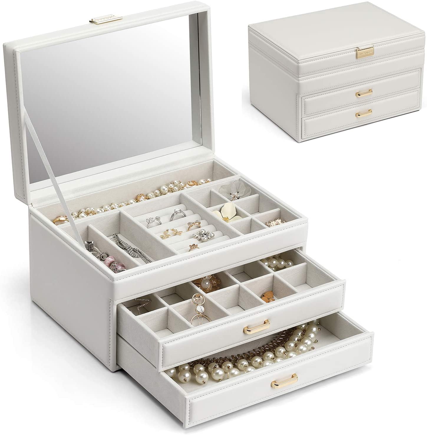 Jewelry Box Organizer Storage Case Mirror Ring Earring Necklace Bracelet White 