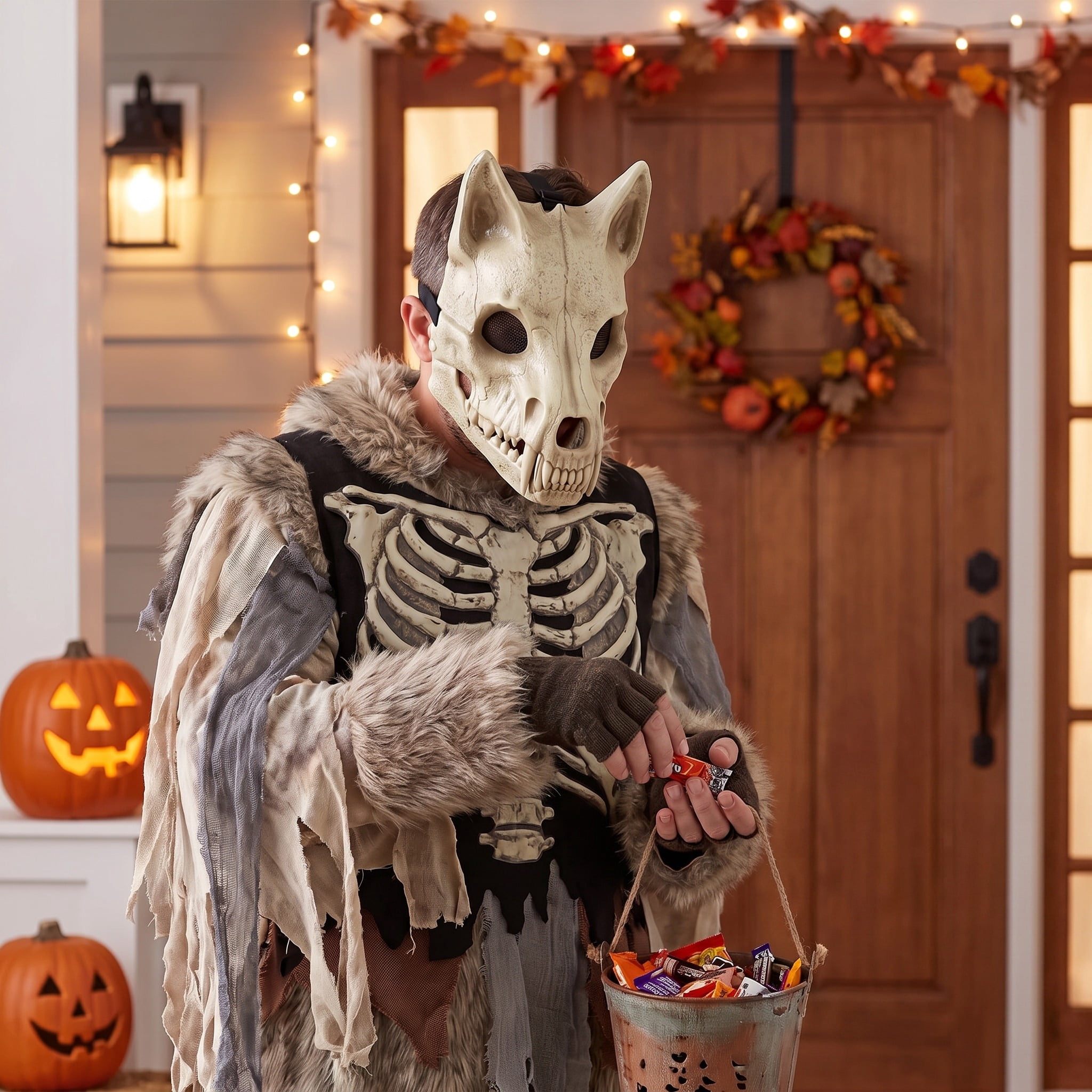 Skeleton Wolf Mask Costume Accessory for Adults, Beige, Halloween by Way To Celebrate