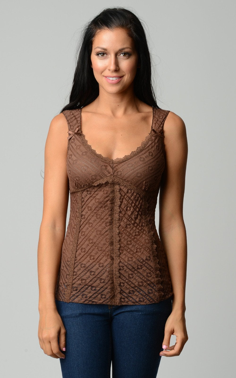 Coolwear Women S V Neck Sheer Fitted Lace Tank Top Brown Large