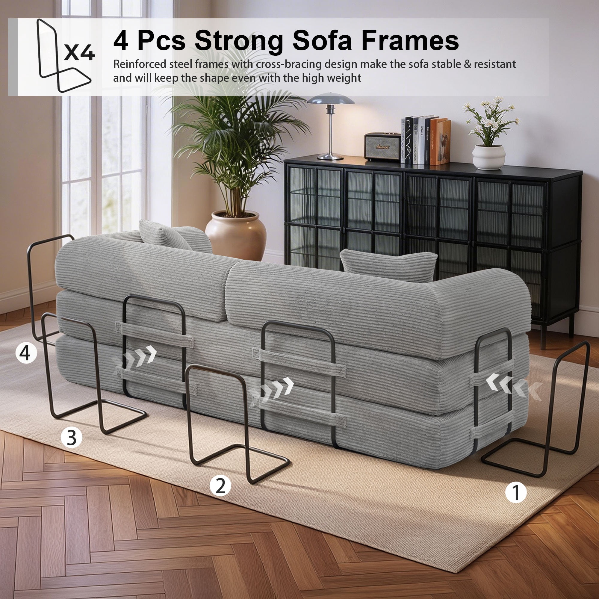 78" Boneless Convertible Sleeper Sofa Bed, Holaki Corduroy Compression Folding Sofa with Pillow & 3 Seat, Fixed-Shape Frame, Floor Sofas Lounge Couch for Living Room Bedroom Apartment, Light Gray