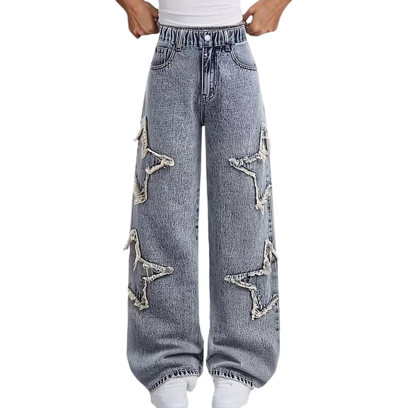 GiLiling Girls High Waist Baggy Cargo Jeans Wide Leg Elastic Waist Y2k Vintage Aesthetic Denim Pants Star Embroidery (Blue, 15-16 Years)