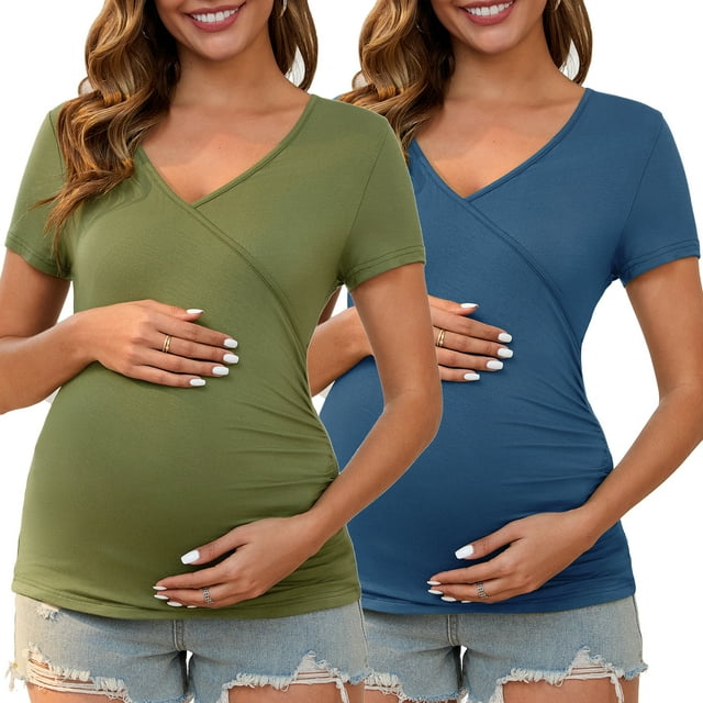 INSPIRAR CHIC Blusa de Maternidad para Mujeres con Fruncidos, Cuello en V Cruzado, Manga Corta, T-Shirt Mediana Verde Oliva y Azul