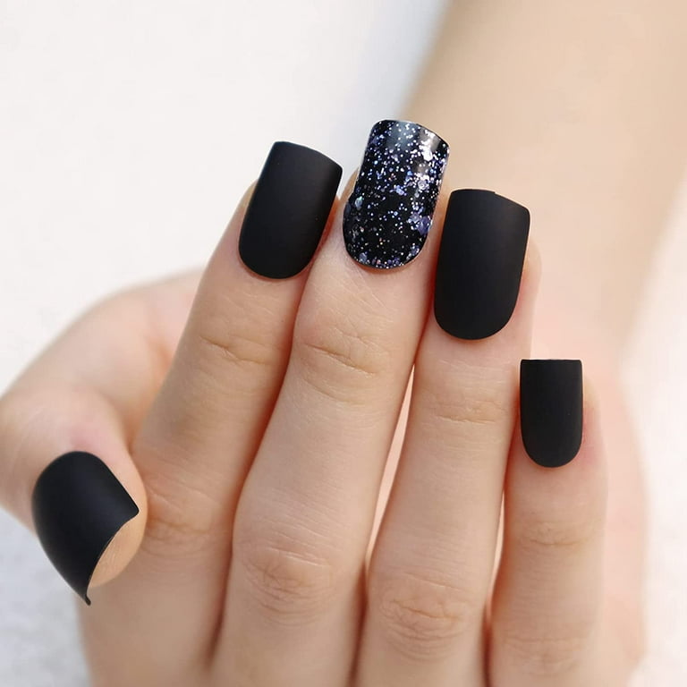  24PCS Short Press on Nails Square Fake Nails Black Nails Full  Cover Glue on Nails Glossy Acrylic False Nails with Crown Heart Glitter  Sequin Designs Nail Manicure for Women : Beauty