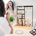 thumbnail image 3 of Organizador de pie, 4 niveles para pendientes con 48 agujeros, 6 ganchos para colgar collares, bandeja organizadora de anillos de 6 filas con soporte de pulsera de madera para reloj de mujer perfume (, 3 of 3