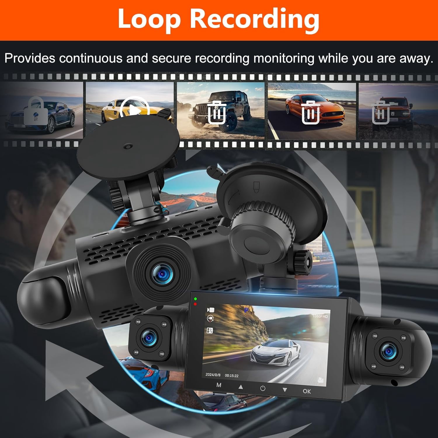360° Dash Cam Front and Rear Inside,4 Channel 3" IPS Touchscreen Dash Cam Front and Rear Inside Left Right,4*1080P Dash Camera with 8 IR Night Vision,Loop Recording,G-Sensor,24 Hours Recording