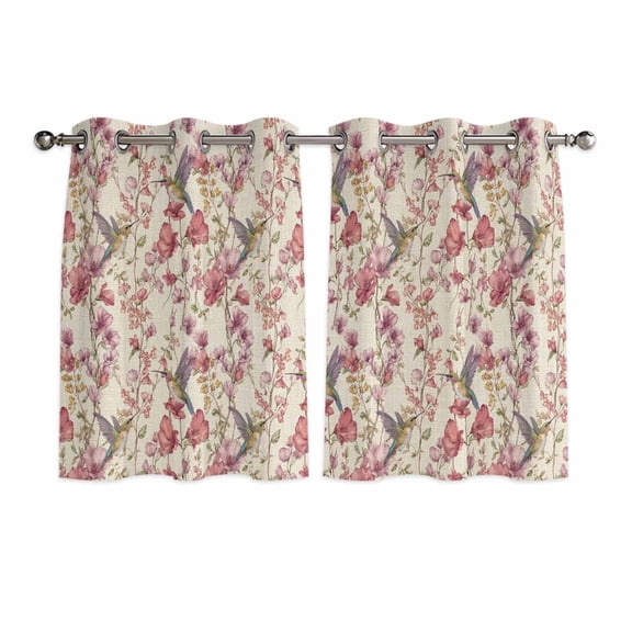 Pink Beige Flowers Kitchen Curtains Window Panels, Spring Floral Elegant Pastoral Rustic Insulated Window Treatment Curtain, Grommet Curtains for Bedroom/Living Room/Bathroom, 2 Piece 52"Wx45"L